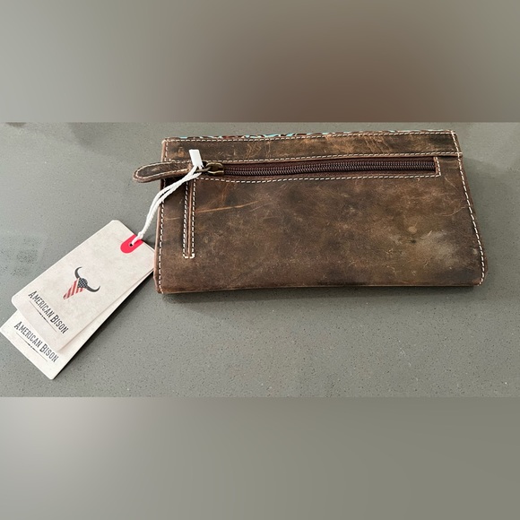American Bison Western Floral Embossed Leather Wallet Brown Turquoise NWT - Picture 3 of 10
